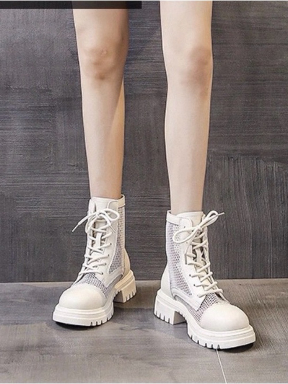 Cream Mesh Combat Boots
